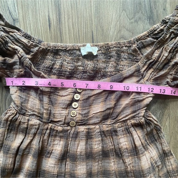 By Together Brown Plaid Short Sleeve Prairie Mini Dress S - Picture 9 of 9